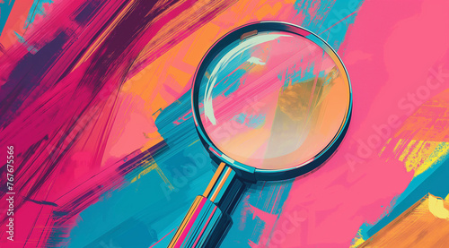 magnifying glass placed on colorful painted surface magnifying the details of artistic colors
