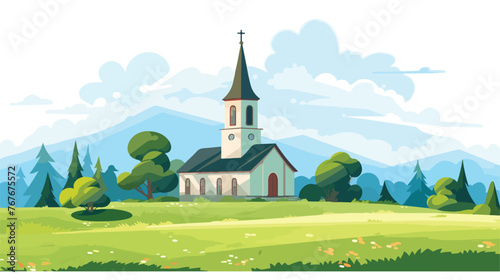 Rural Church Historic Steeple Rises Above Fields of G