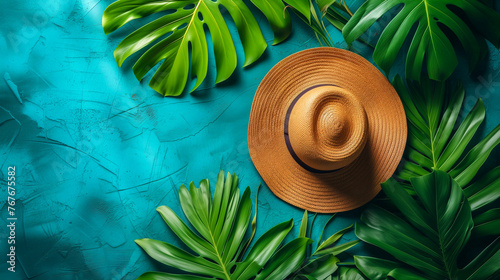 Summer background with hat and tropical leaves. Flat lay, top view photo