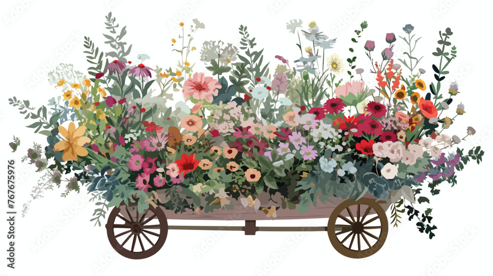 Rustic Overgrown Floral Cart flat vector