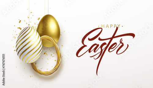 Happy Easter lettering background with 3D realistic golden eggs