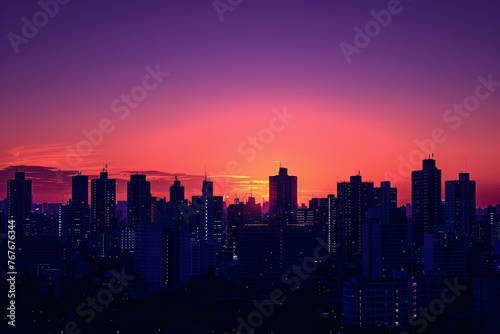 Wallpaper Mural Silhouette of city skyline under a vibrant sunset with purple and orange hues Torontodigital.ca