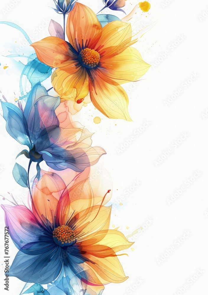 Elegant wedding greeting card background with colorful flowers right side bottom corner on a white background, a 2d vector illustration with gradient shading, high resolution and high detail with copy