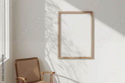 Frame wall mockup room interior design with rattan armchair. Modern home picture, white design background poster, blank photo. Wooden empty scandinavian house mock up. Rustic indoor frame image