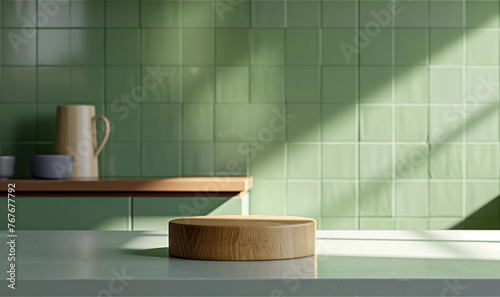 Kitchen table podium background. Green kitchen with wooden stand for food product display. Empty wall, modern desk with wood board 3d abstract template