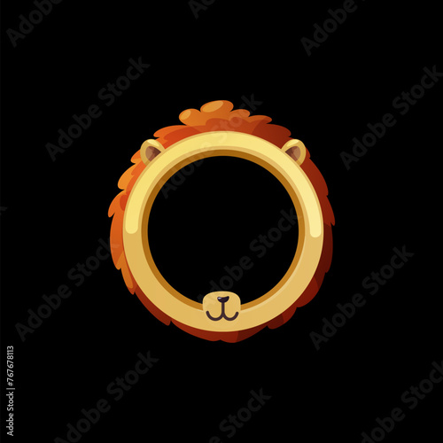 Avatar frame lion muzzle cartoon vector, achievement round empty border, wild animal mask for game interface rank reward