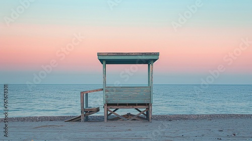 Capture the isolated beauty of a lifeguard stand against the backdrop of an early morning or late evening gradient sky, emphasizing the textures of the sand and the weathered wood of the stand.