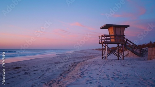 Capture the isolated beauty of a lifeguard stand against the backdrop of an early morning or late evening gradient sky, emphasizing the textures of the sand and the weathered wood of the stand. © Tanawee