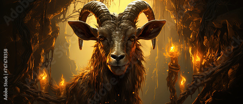 a goat that is standing in the woods with fire