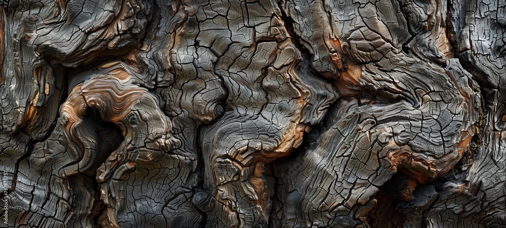 Texture concept. Close-up view of a tree trunk showcasing intricate patterns of rugged bark and natural wood grain in high detail, evoking a sense of age and natural beauty.