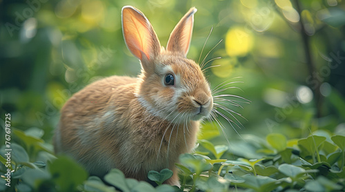 The rabbit has soft fur walking in the jungle. Generative AI. © visoot