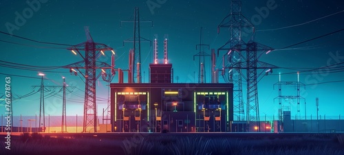 Energy infrastructure concept. A power substation with detailed switchgear and transmission transformers under a starry sky, showcasing a blend of technology and nature at twilight.