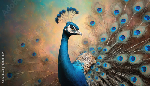 Fantasy Illustration of a wild Peafowl. Digital art style wallpaper background with peacock in pastel colors.