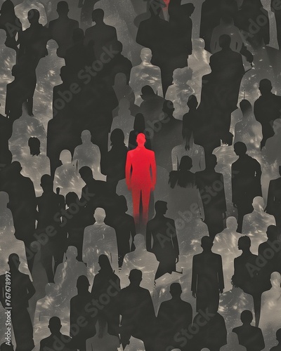 Unique concept with one individual in red standing out in a sea of silhouetted figures. Illustration for themes of individuality, leadership, or being different. photo