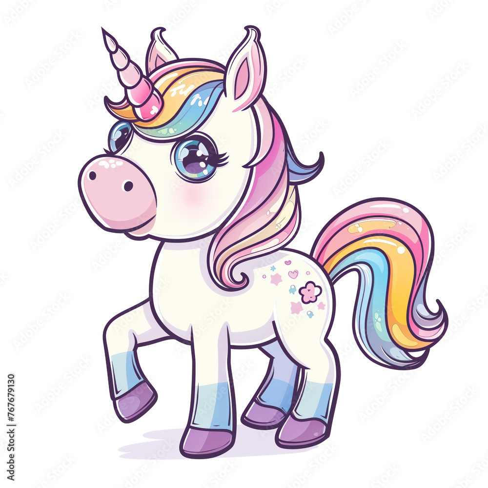 Fototapeta premium Cute Funny Cartoon Unicorn, Illustration for Children Book, Generative AI