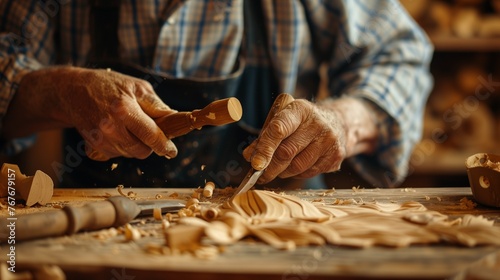 Close-up of a carpenter's hands using a chisel and mallet on wood, showcasing traditional woodworking. wood shavings and the intricate details of the carving process © Maxim