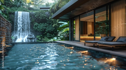Modern Luxury Home with Waterfall and Pool in a Tropical Setting © lin