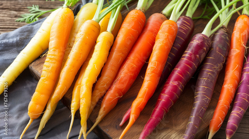 carrots with different colors laid out on a wooden surface