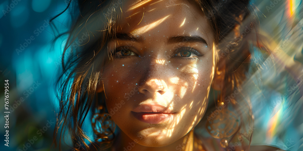 portrait of a woman with eyes with sun lights hair on face looking fantestic view