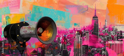 Abstract urban collage featuring a loudspeaker against a backdrop of a colorful city skyline. elements of street art and pop culture, modern decor