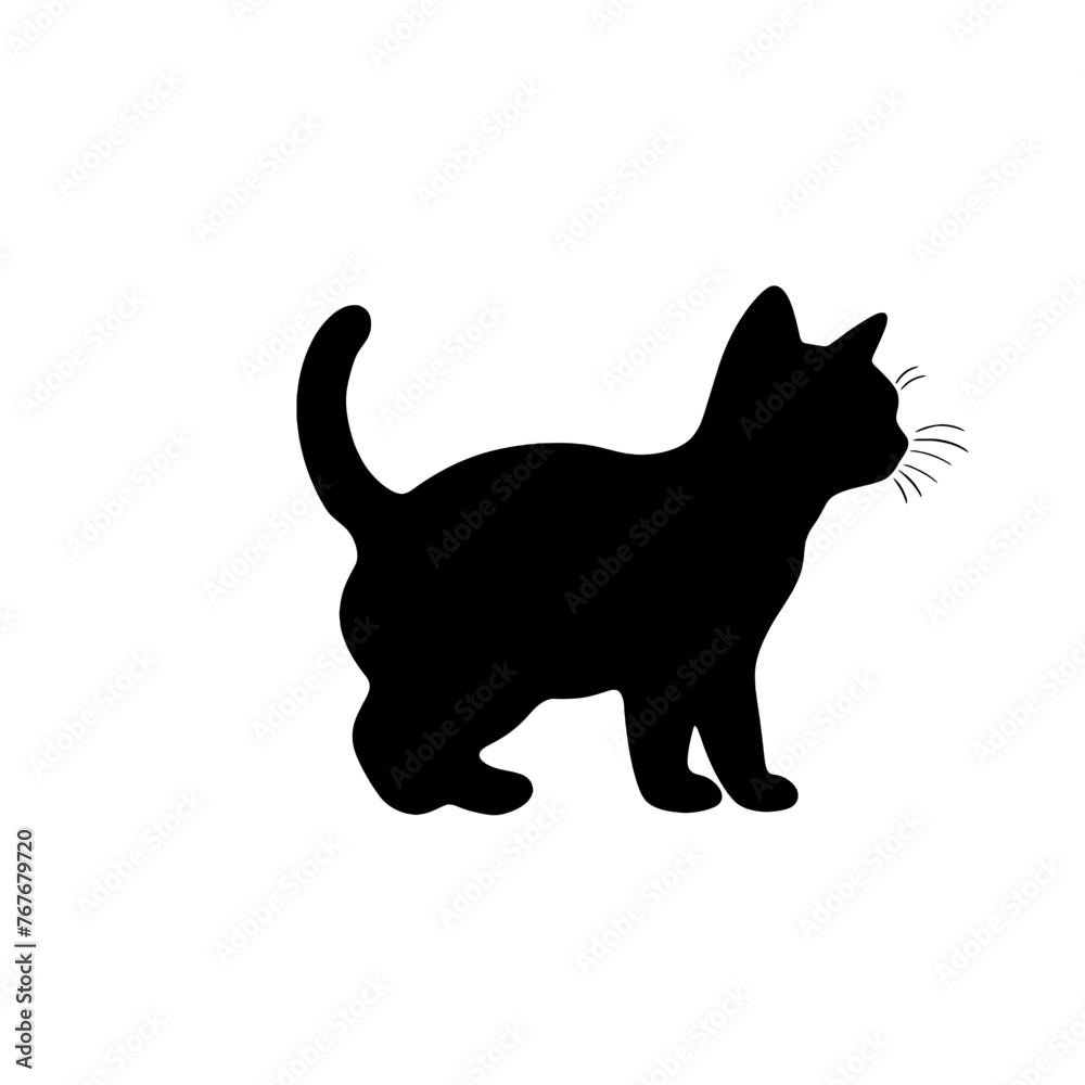 A black silhouette of a cute little kitten walking, simple SVG, white background