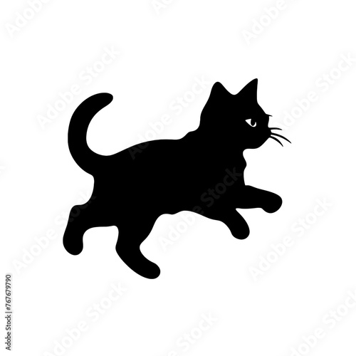 A black silhouette of a cute little kitten walking  simple SVG  white background