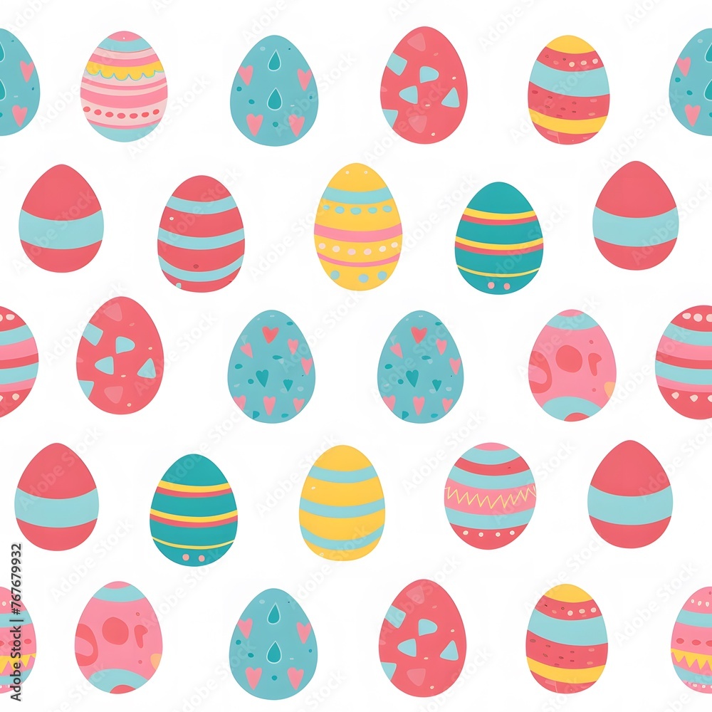 Easter pattern with colorful striped eggs, white background, seamless repeating patterns