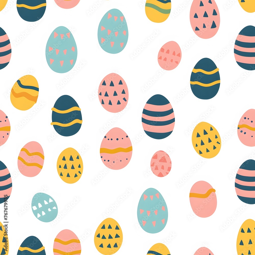 Easter pattern with colorful striped eggs, white background, seamless repeating patterns