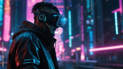 AR Future City concept with a tech-inspired blue glow, featuring a Man amid digital effects and city lights.