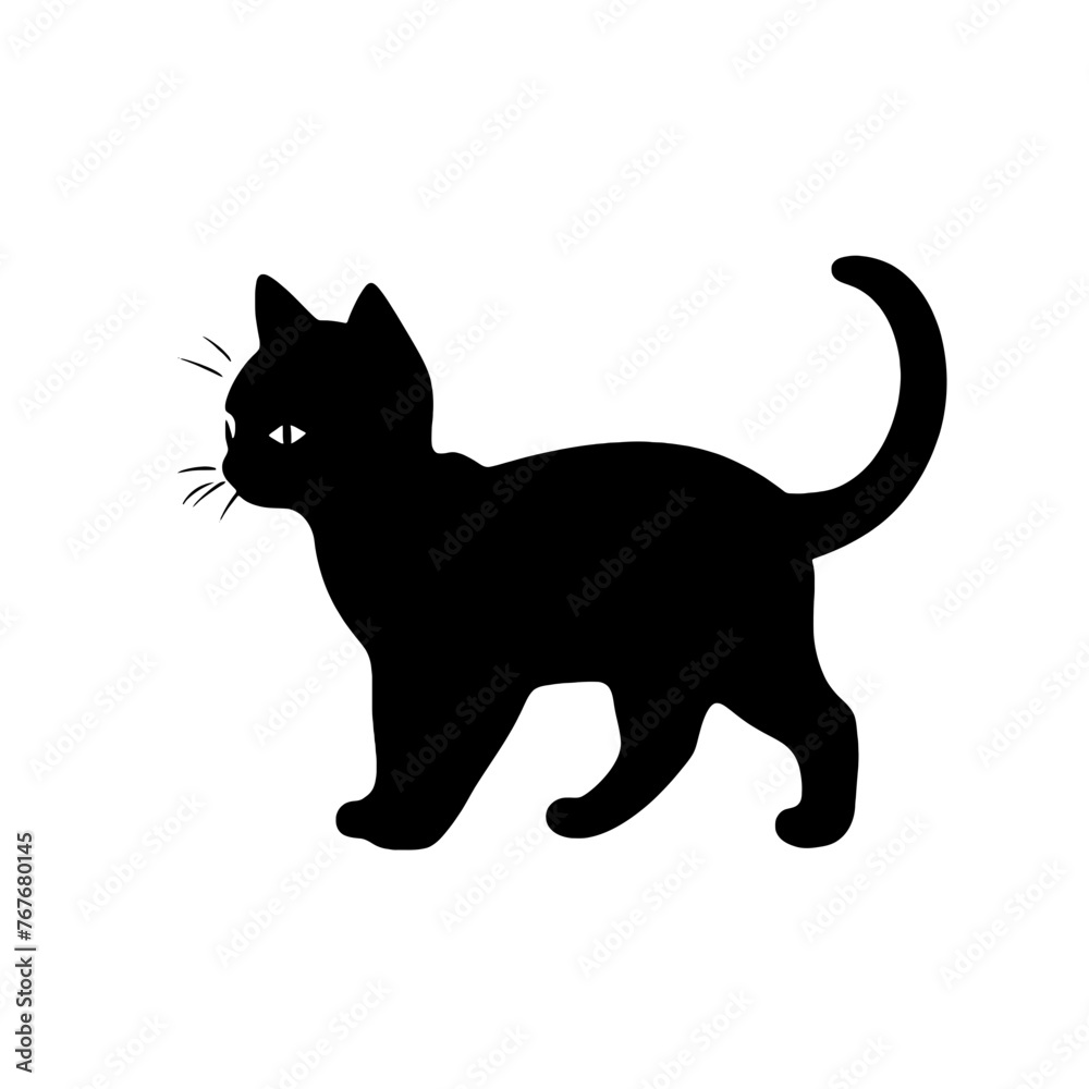 A black silhouette of a cute little kitten walking, simple SVG, white background