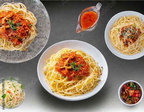 Set of pasta spaghetti on transparent background. Noodles with spicy sauce in plate isolated