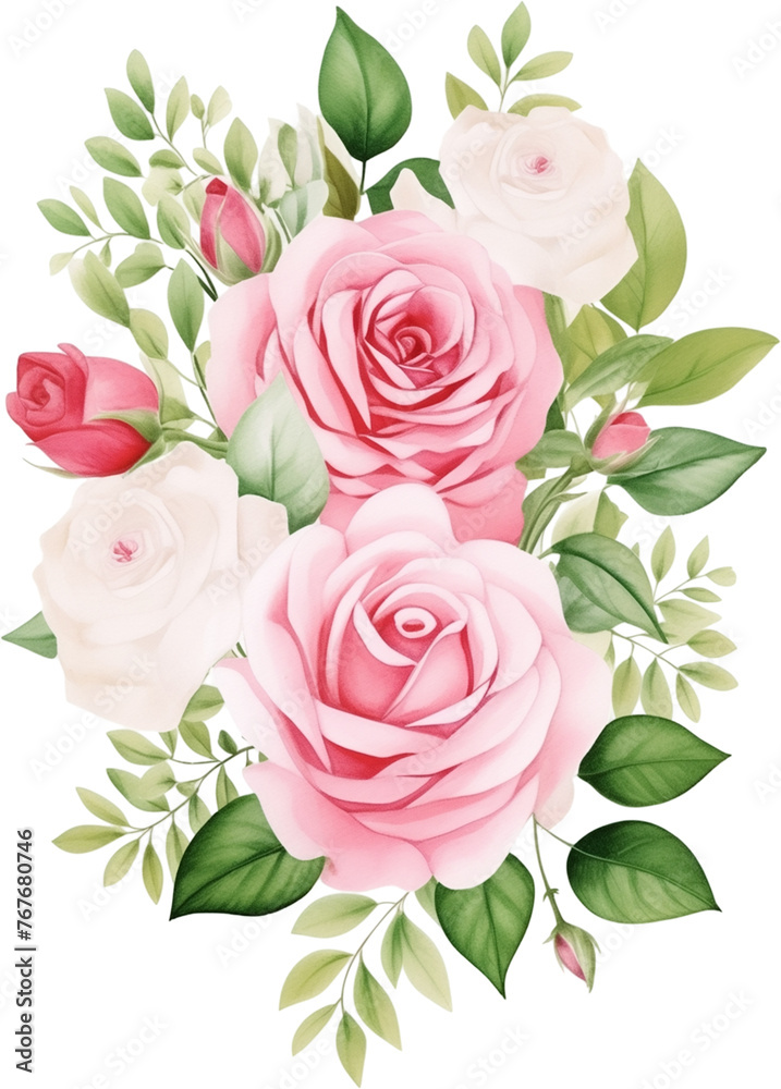 watercolor illustration pink, red, white Rose flower and green leaves. Florist bouquet, International Women's Day, Mother's Day, wedding flowers.