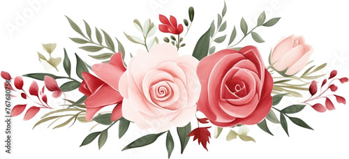 watercolor illustration pink, red, white Rose flower and green leaves. Florist bouquet, International Women's Day, Mother's Day, wedding flowers. © Daisy