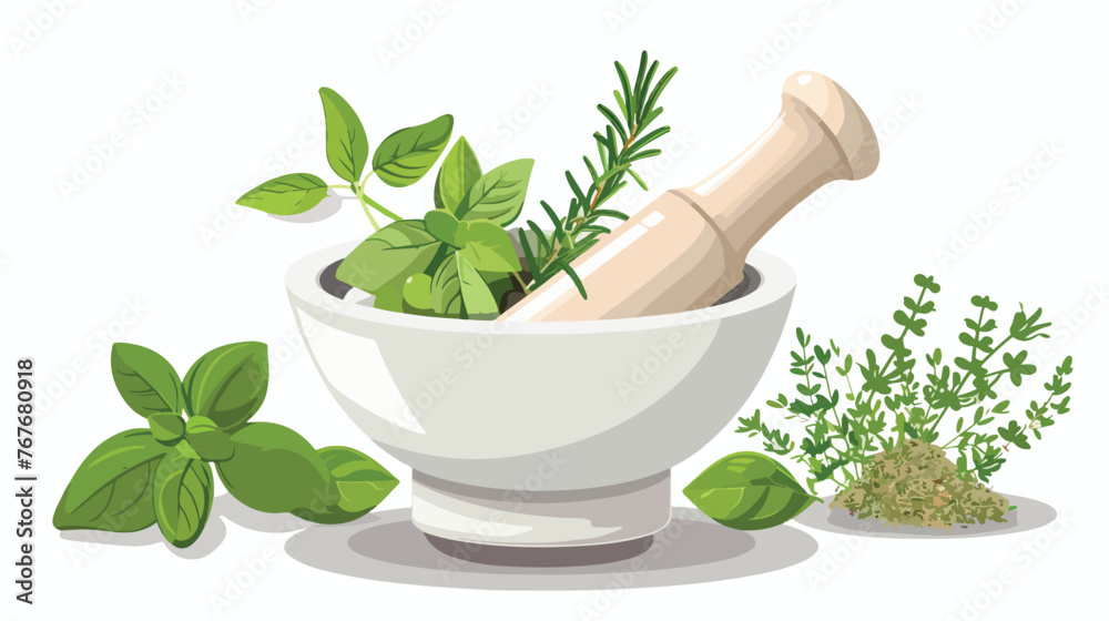 Mortar and Pestle with Herbs Flat vector isolated on