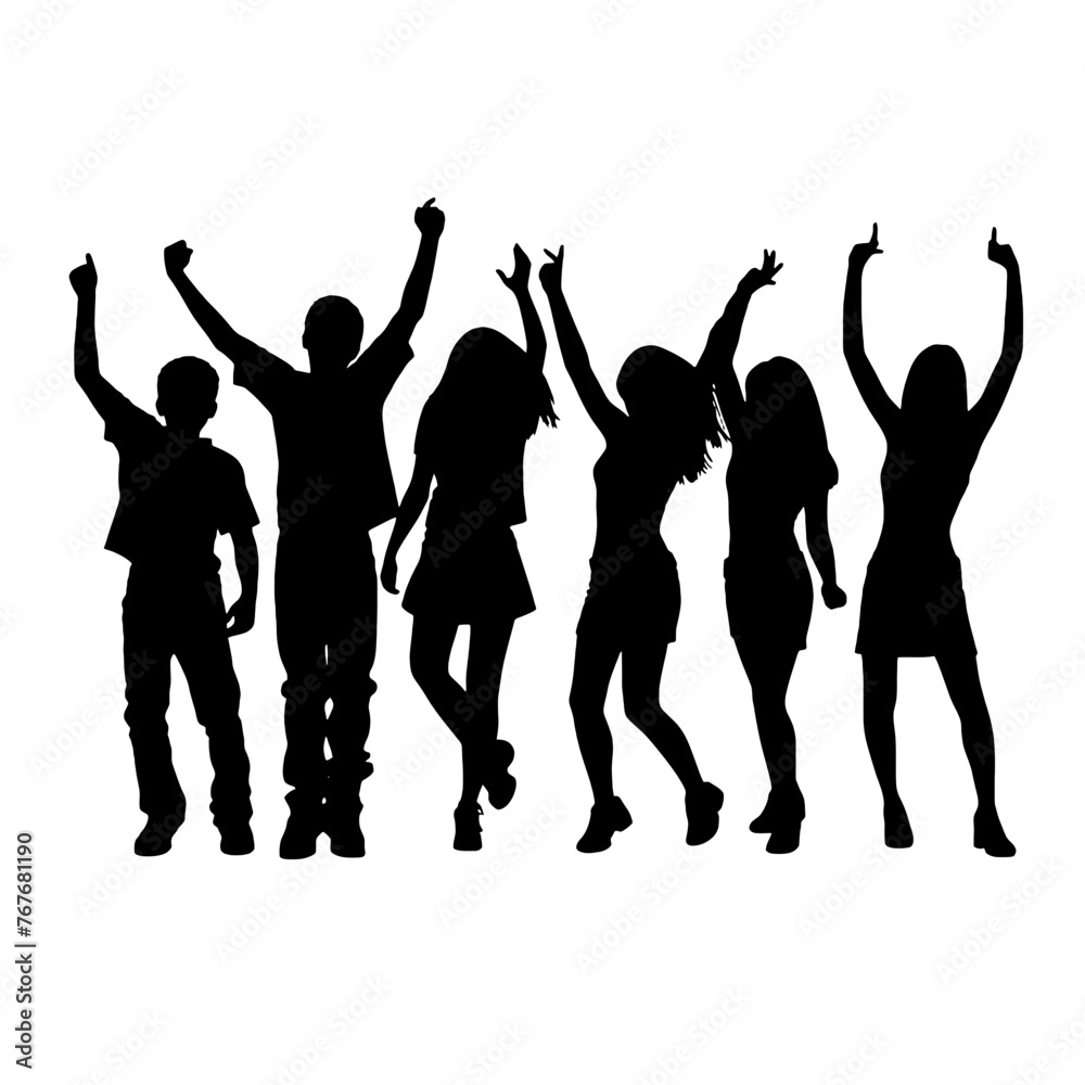 Fototapeta premium Silhouette happy young group party people together dancing, cheering crowd dance to the music at musical concert – stock vector