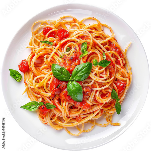 Classic Spaghetti Pomodoro Plate Isolated on Transparent Background with Basil Garnish