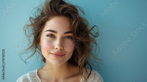 Beautiful woman with a sweet demure smile stands against a plain pale blue background. Generative AI. photo