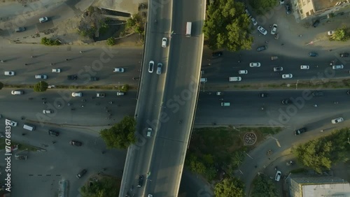 Drone bird's eye view over bridge shahrah-e-faisal karachi road in karachi photo