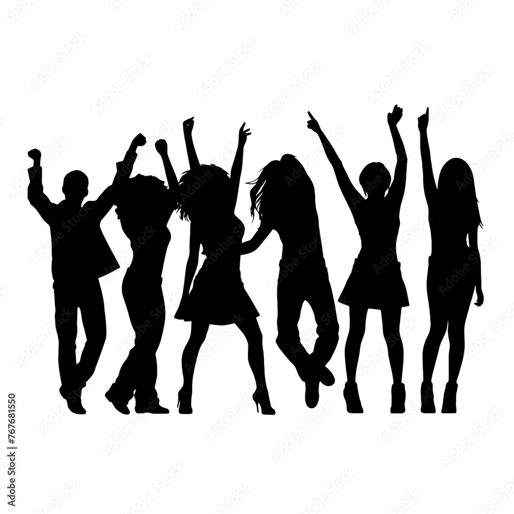 Silhouette happy young group party people together dancing, cheering crowd dance to the music at musical concert – stock vector