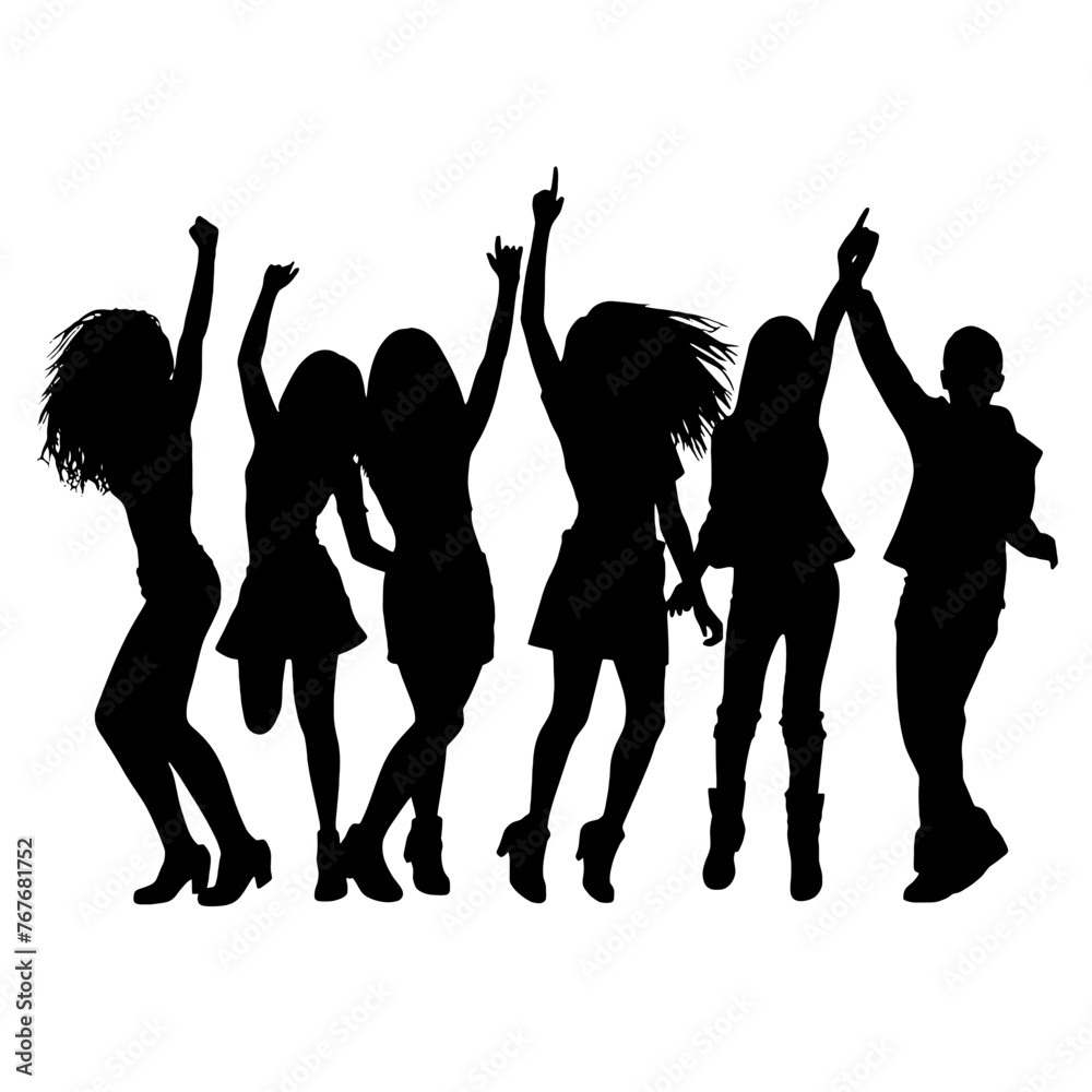 Fototapeta premium Silhouette happy young group party people together dancing, cheering crowd dance to the music at musical concert – stock vector