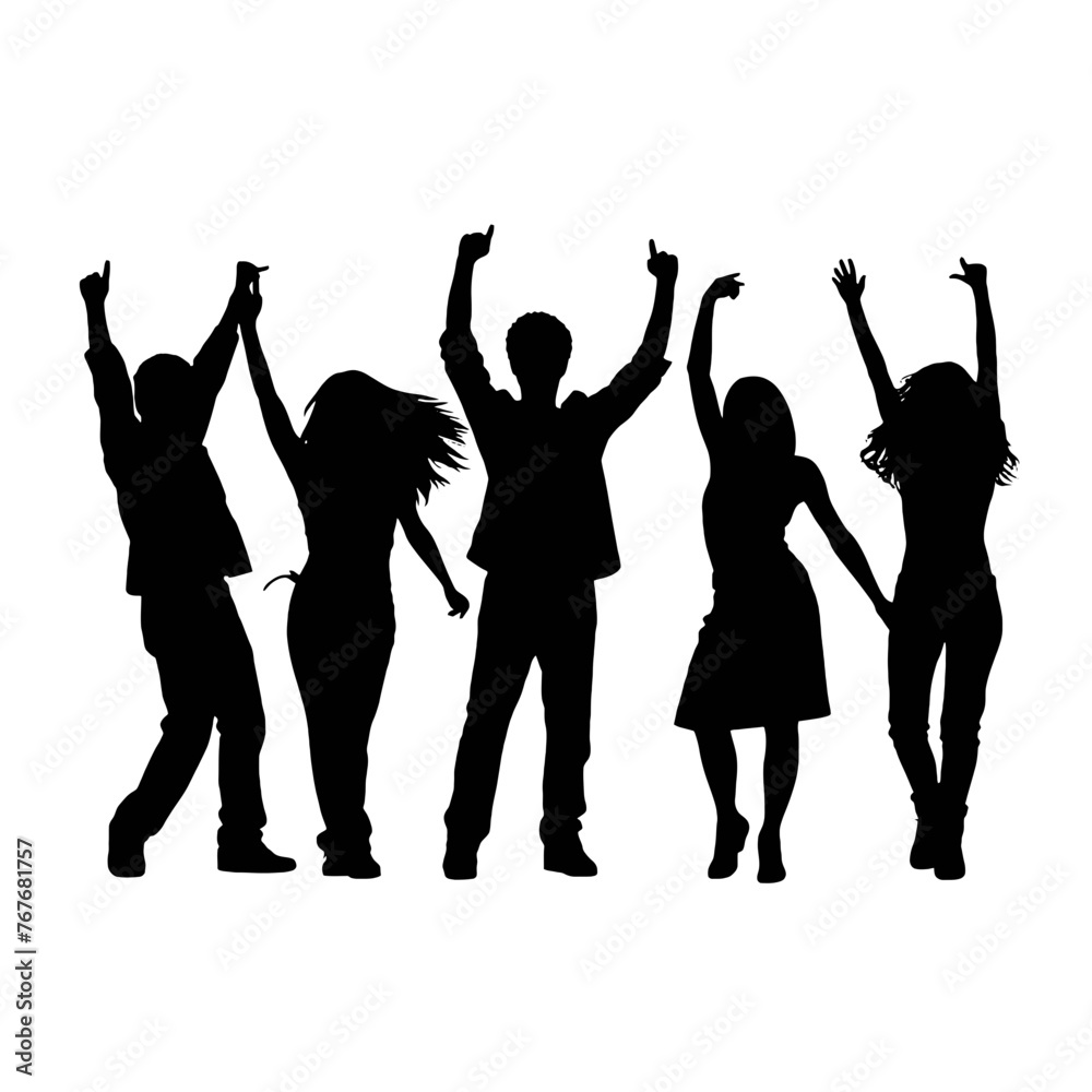 Silhouette happy young group party people together dancing, cheering crowd dance to the music at musical concert – stock vector Silhouette happy young group party people together dancing, cheering crowd dance to the music at musical concert – stock vector