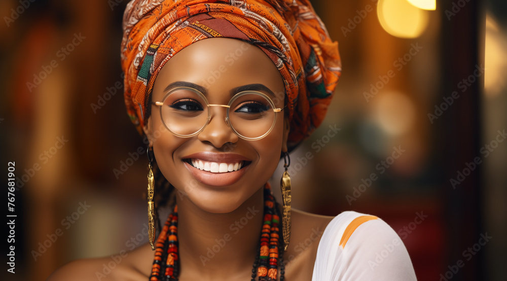 Une belle femme noire, heureuse et souriante portant un turban africain et des lunettes. - obrazy, fototapety, plakaty 