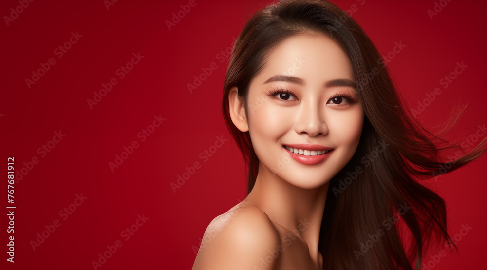 Obraz premium Une belle jeune femme asiatique, heureuse et souriante, arrière-plan rouge, image avec espace pour texte.