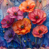 Tile with red-purple poppies on blue background