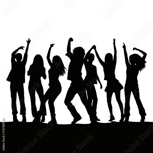 Silhouette happy young group party people together dancing, cheering crowd dance to the music at musical concert – stock vector