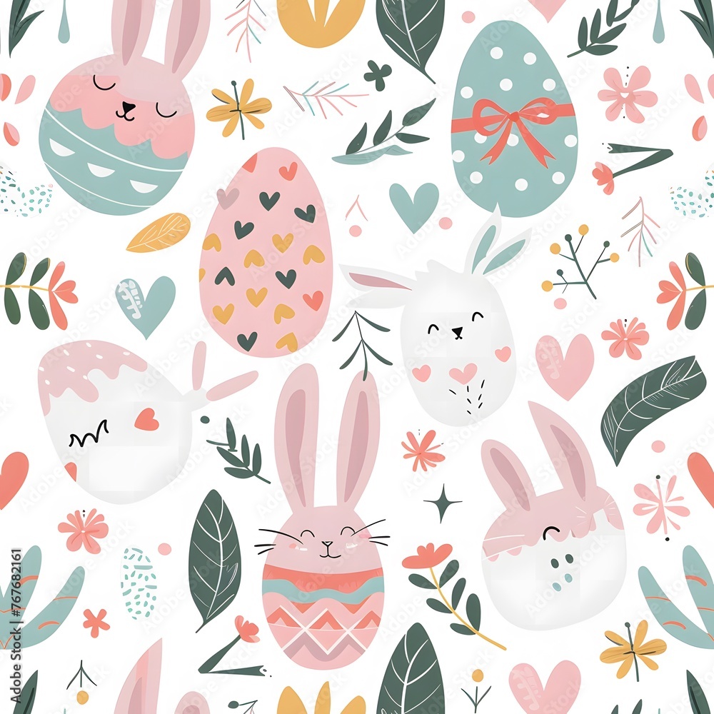 seamless pattern of cute pastel easter elements, eggs and bunnies, white background seamless pattern of cute pastel easter elements, eggs and bunnies, white background