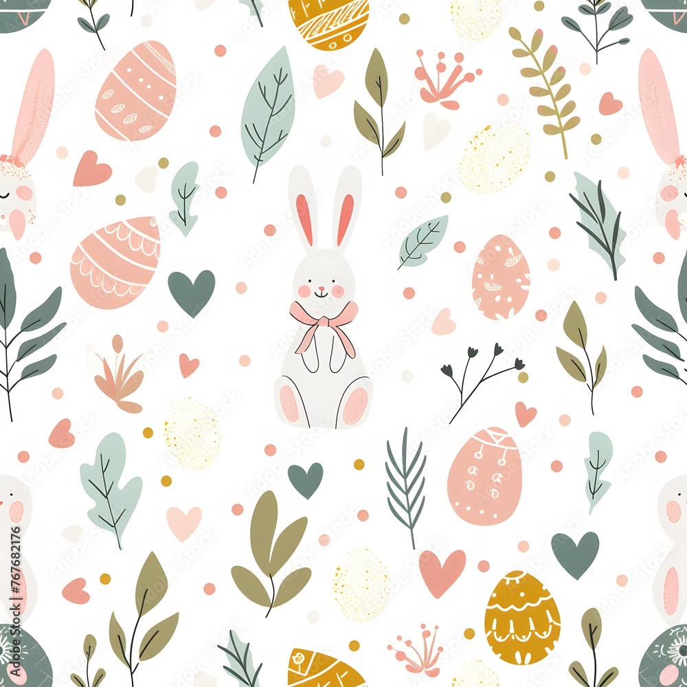 seamless pattern of cute pastel easter elements, eggs and bunnies, white background seamless pattern of cute pastel easter elements, eggs and bunnies, white background