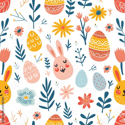 seamless pattern of cute pastel easter elements, eggs and bunnies, white background