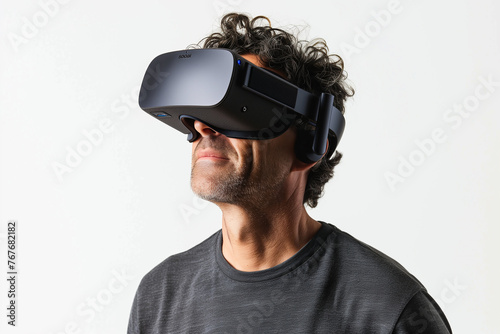 a man wearing VR headset isolated on white background, futuristic, technology generative by ai