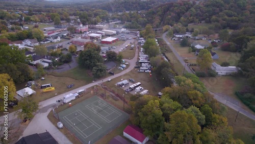 Aerial establishing shot of the small American city of Lynchburg, TN photo